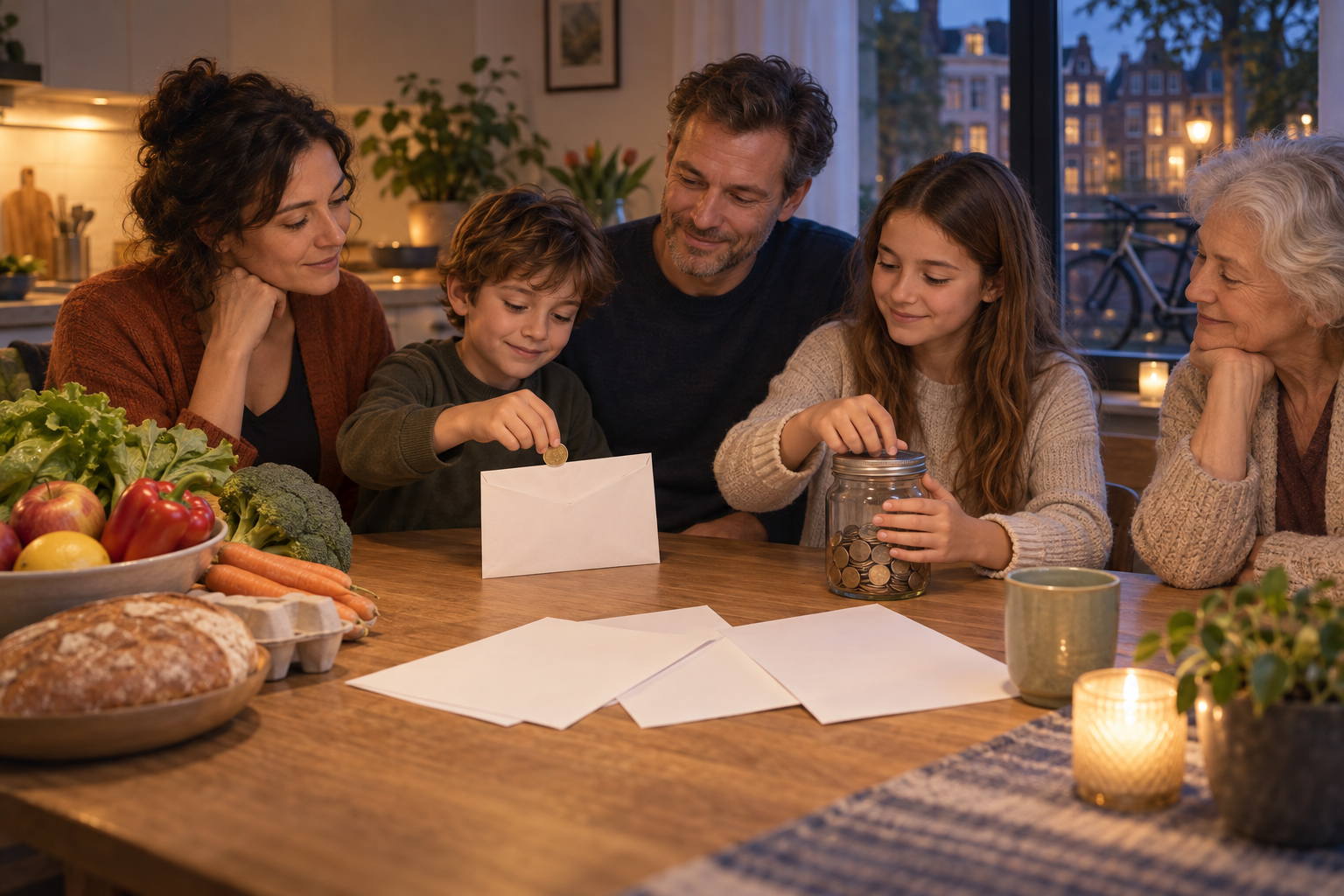 A family at a kitchen table balances groceries, household expenses, savings, and a modest charitable offering.