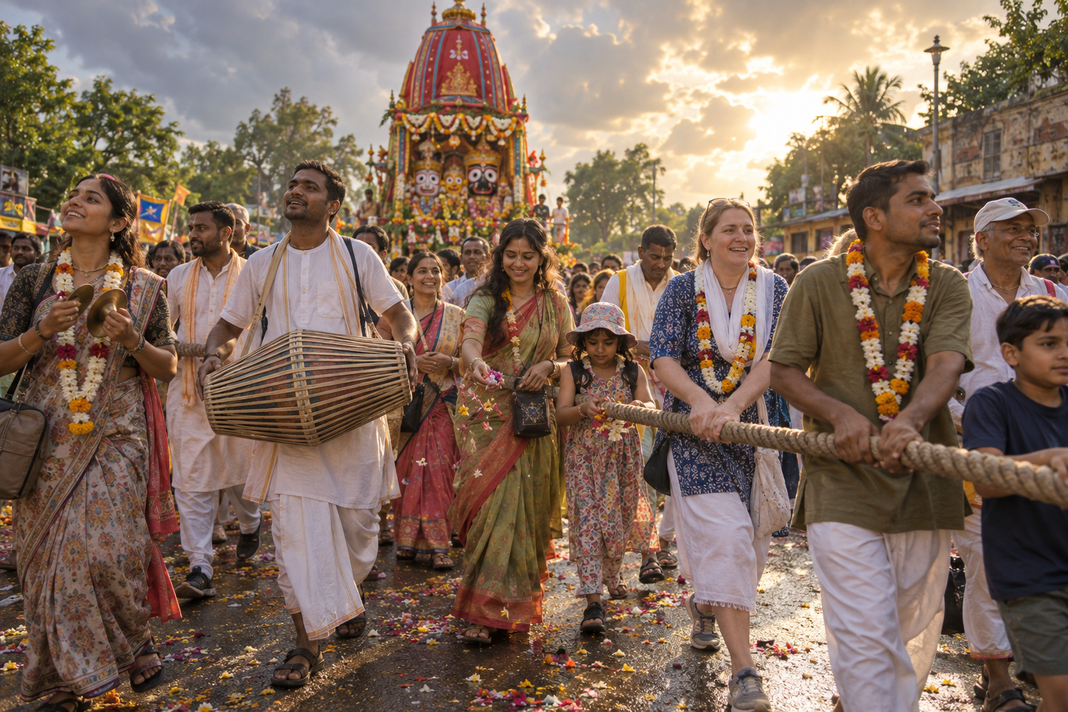 Devotees walk beside a decorated chariot, pulling a procession rope, playing instruments and carrying flower petals.