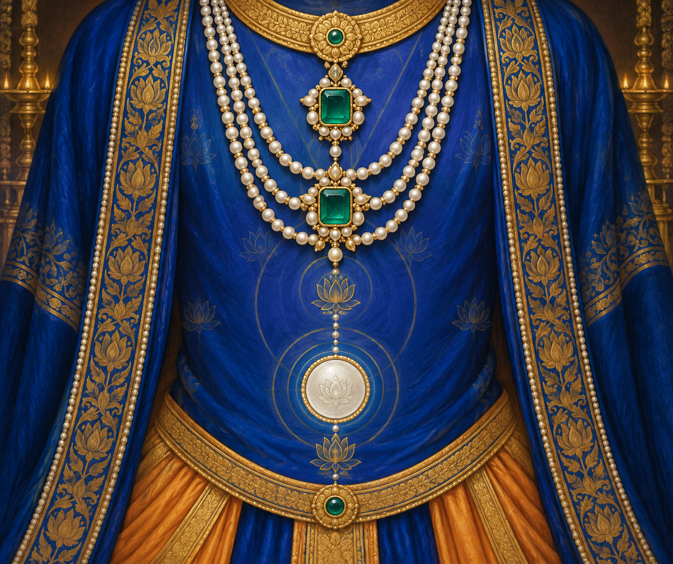 A devotional close view of Narayana's blue torso shows a luminous navel, emerald-colored chest ornaments and strands of white pearls.