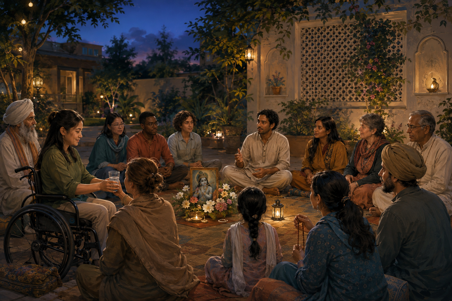 A diverse group sits in an open garden circle around a small image of Krishna while one person speaks and another offers water.