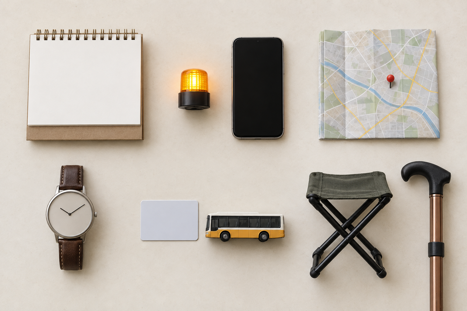 Six groups of objects represent checking the date, event status, route, time, transport and accessibility.