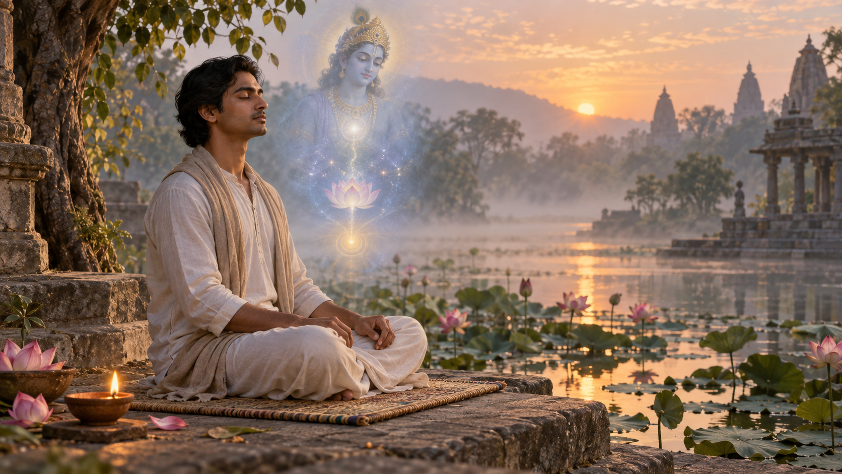 A practitioner meditates beside a lotus pond at dawn while a subtle vision of a blue divine form, a rising lotus and stars appears before them.