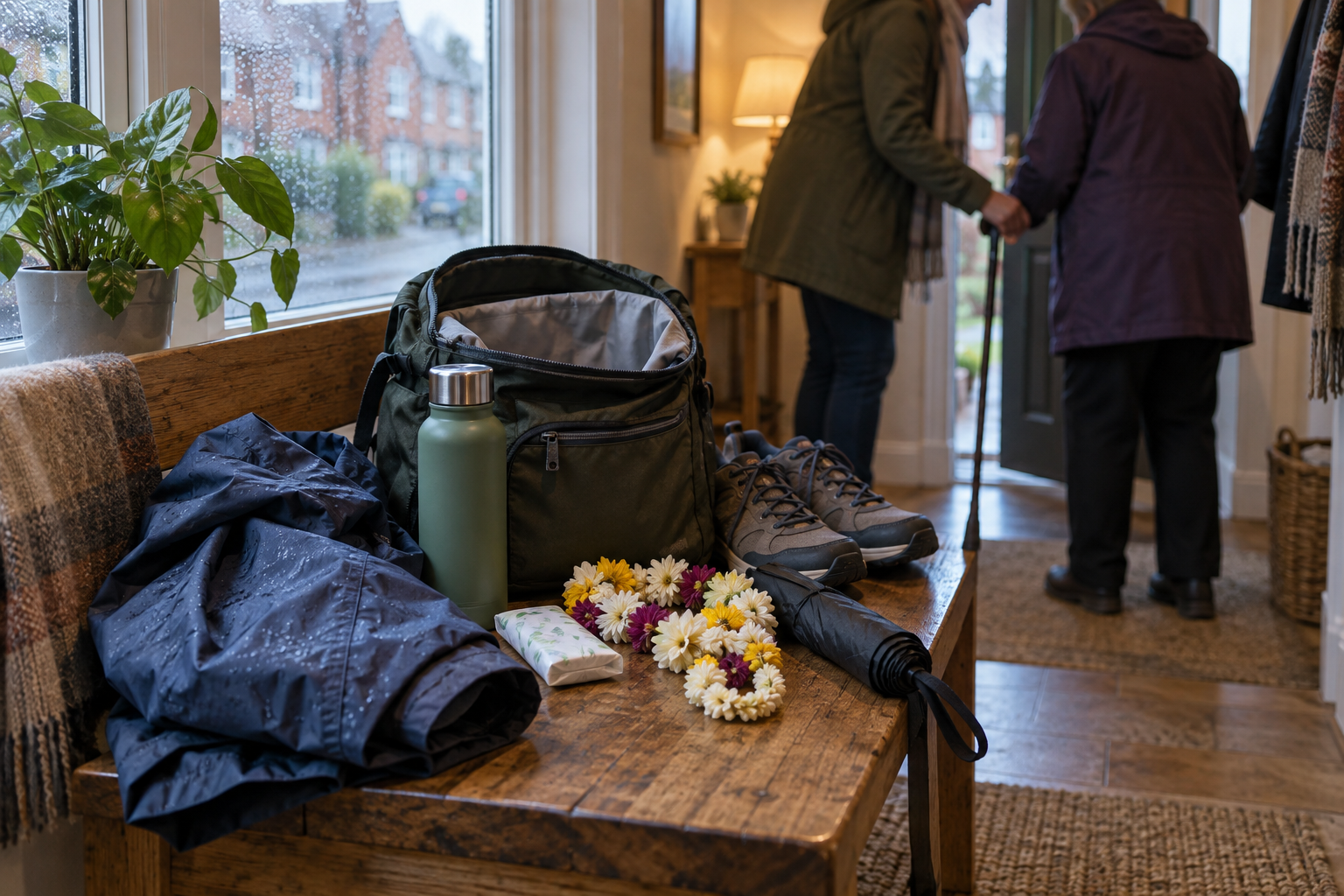 A day bag, rain jacket, water bottle, walking shoes, umbrella and flower garland are prepared near a doorway.