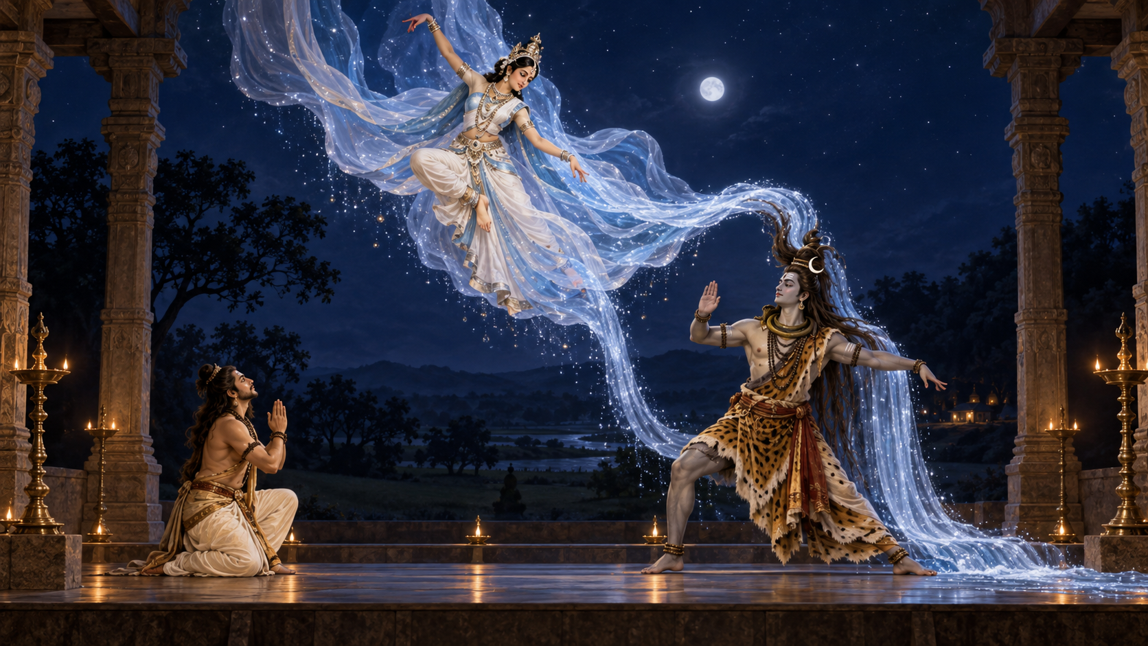 Classical dancers portray Bhagiratha praying, Ganga descending as a luminous river, and Shiva receiving the torrent in his matted locks on a night stage.