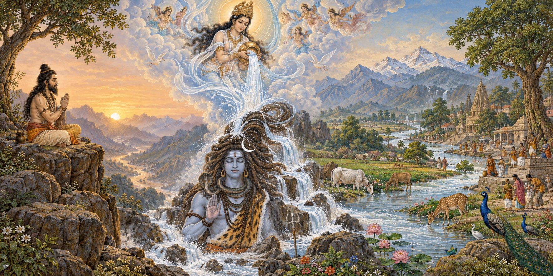 Bhagiratha meditates as Ganga descends to Shiva and then flows gently across a fertile landscape supporting people, plants, and animals.