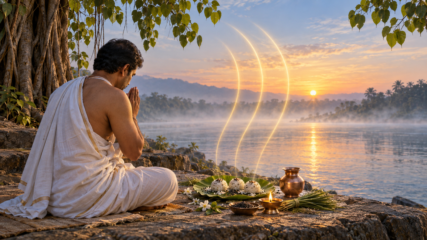 A householder kneels beside a river at dawn before rice pinda offerings, kusa grass, a copper vessel, and an oil lamp as soft arcs of light rise toward the sky.