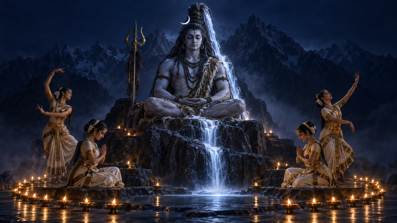 A dancer portraying Shiva sits in stillness beneath a silver-blue stream while other dancers keep vigil among glowing oil lamps at night.