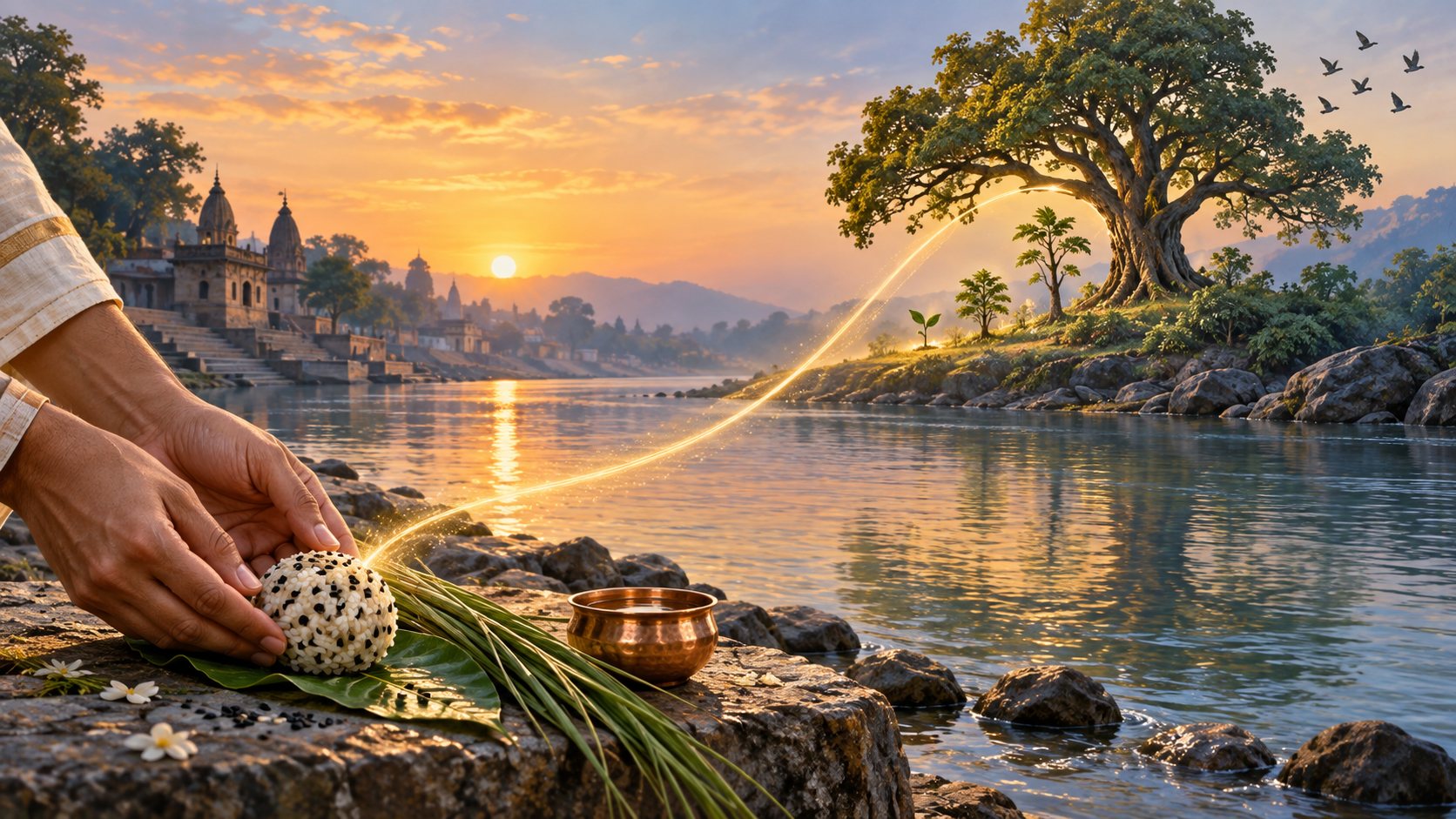Hands place a rice pinda on a leaf while a golden ribbon of light curves toward a tree, seedlings, and birds in a dawn landscape.