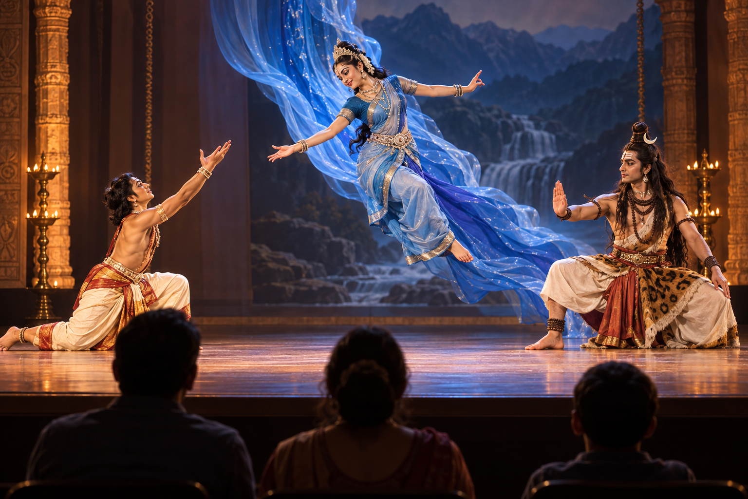 Audience members watch three classical dancers use clear gestures and body positions to portray Bhagiratha calling, Ganga descending, and Shiva receiving her.