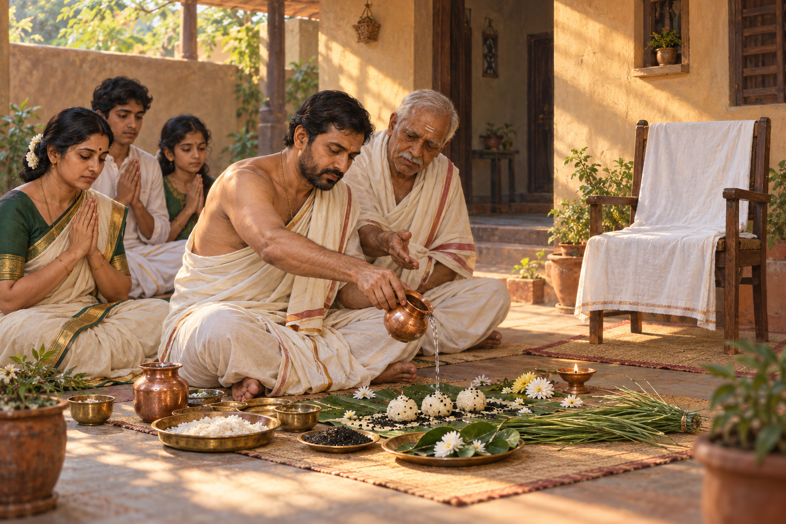 Three generations of a family gather in a courtyard as an elder guides a water offering beside rice pindas, kusa grass, flowers, and a clay lamp.