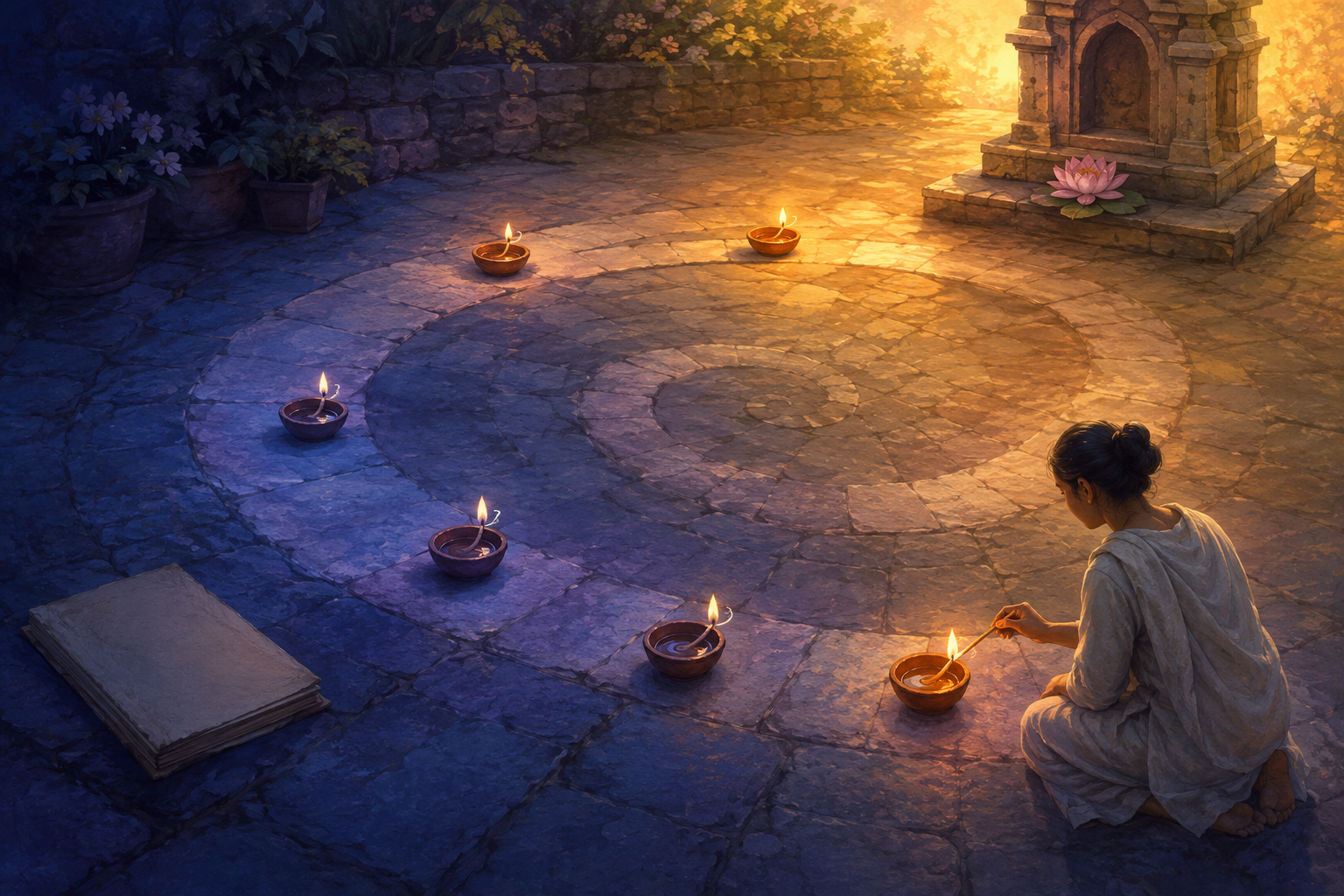 A practitioner lights the last of seven clay oil lamps arranged in a spiral between an unmarked scripture folio and a lotus shrine.