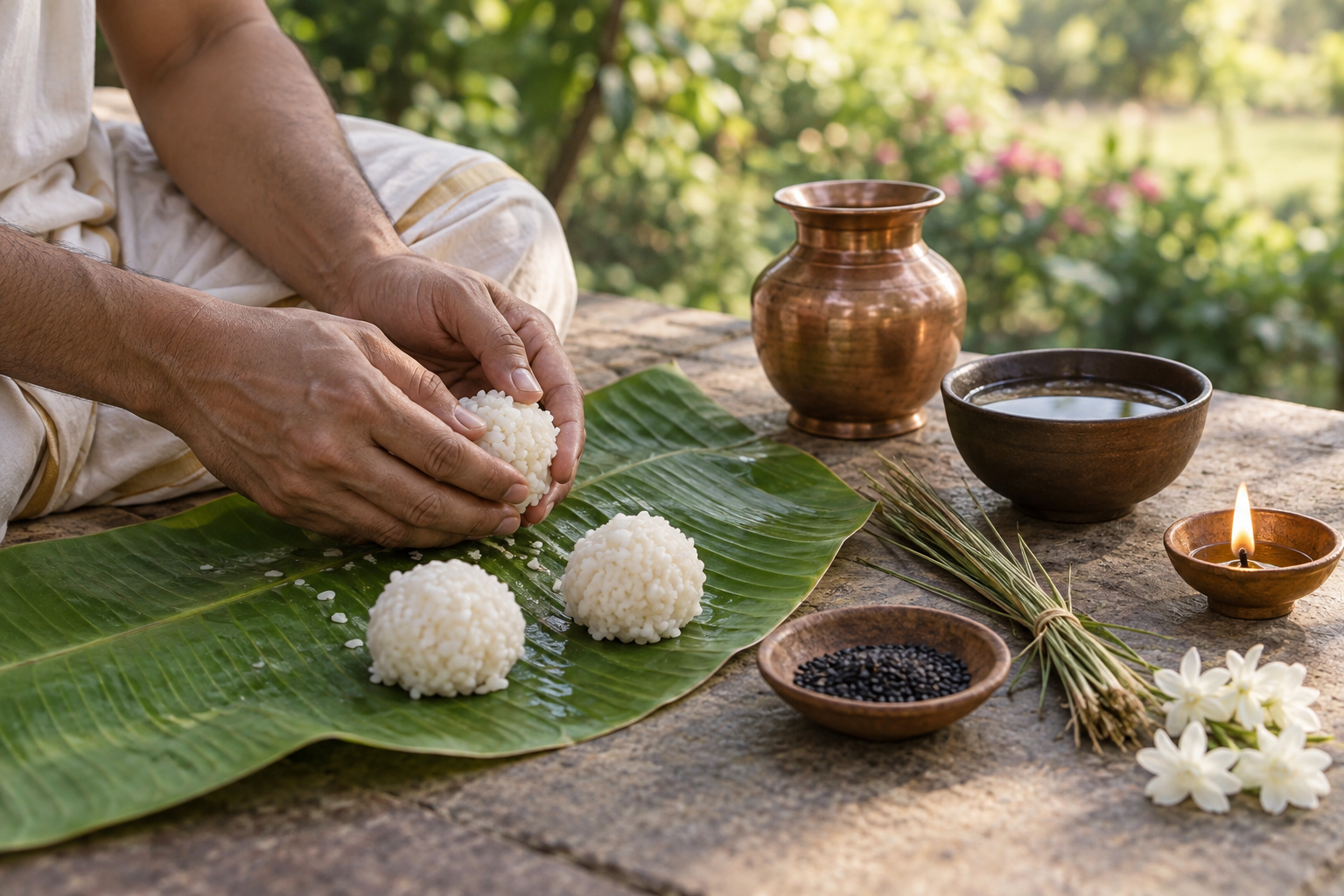 A householder's hands shape rice pindas on a banana leaf beside sesame seeds, kusa grass, flowers, water, a copper vessel, and an oil lamp.