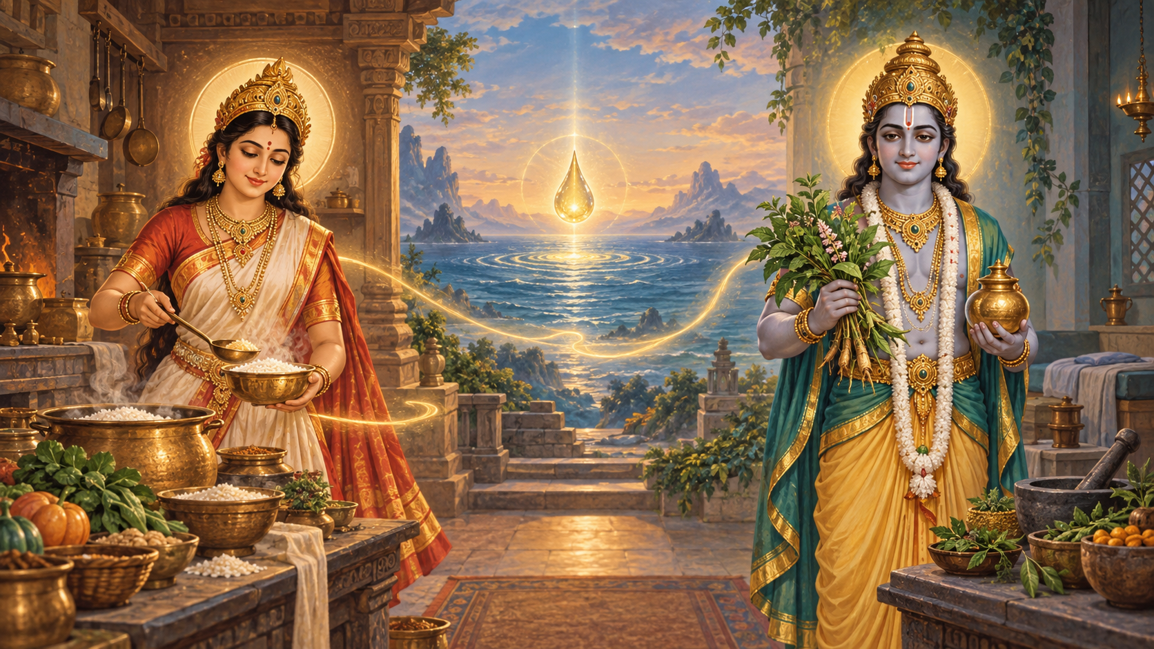 An illustrated sacred scene with Annapurna holding food, Dhanvantari holding herbs and a vessel, and a luminous drop above a cosmic ocean.
