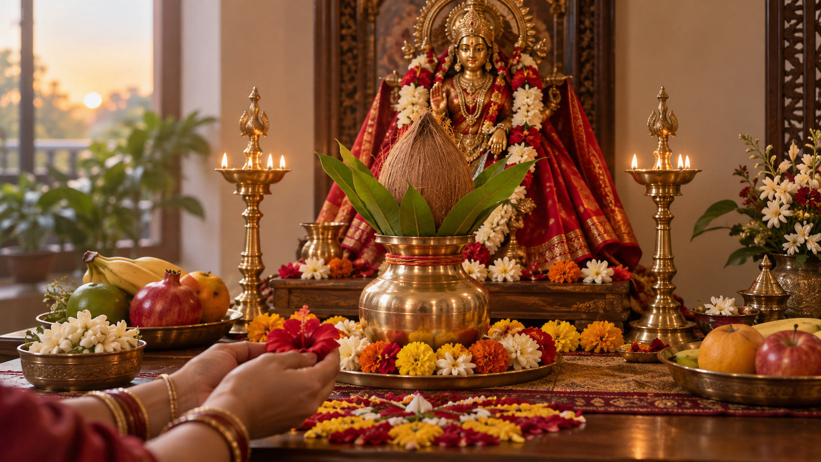 A Navaratri home shrine with a Devi murti, decorated kalasha, flowers, fruit, two lit oil lamps, and a devotee offering a flower.