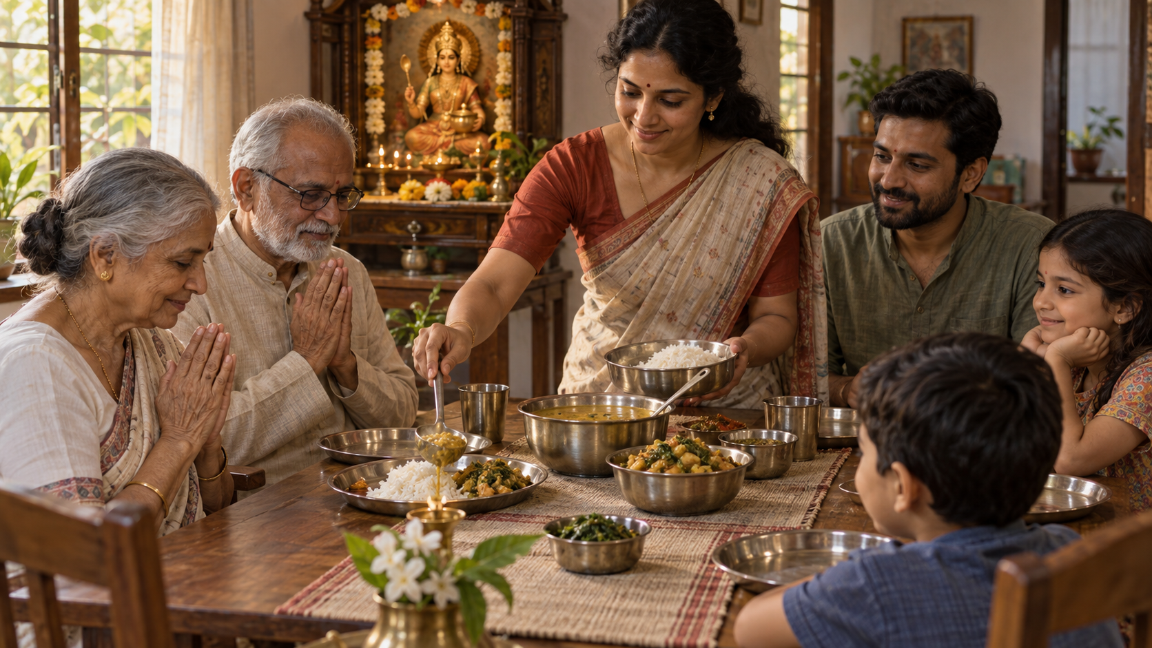 A family respectfully serves rice, dal, and vegetables beside a softly lit household shrine to Annapurna.