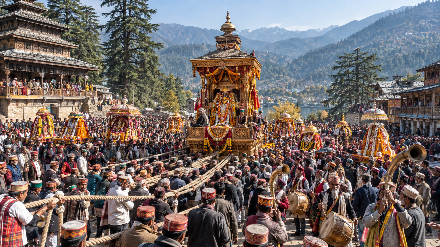 Devotees gather around a ceremonial chariot and flower-covered deity palanquins during Dussehra in the mountain valley of Kullu.