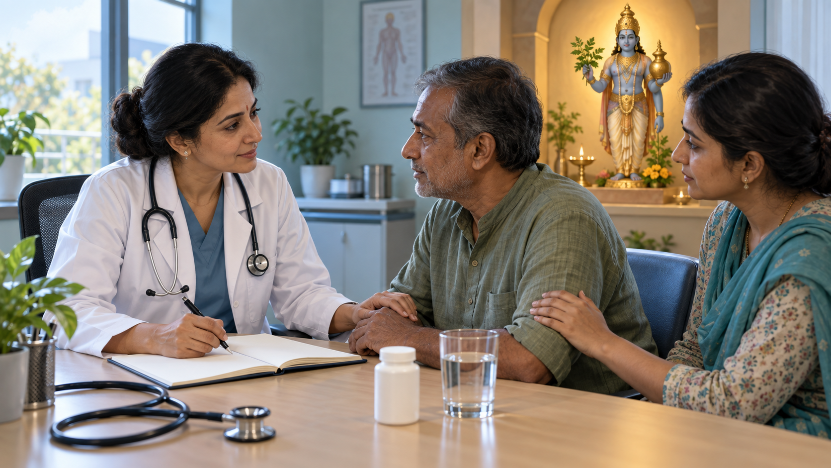 A doctor consults with a patient and caregiver in a clinic with a small devotional image of Dhanvantari in the background.