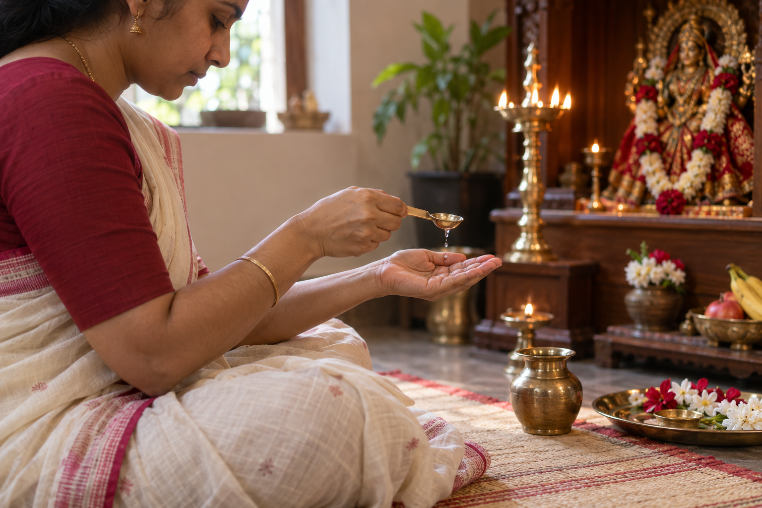 A seated devotee holds water in one palm while making a sankalpa before a lamp, flowers, and a small Navaratri shrine.