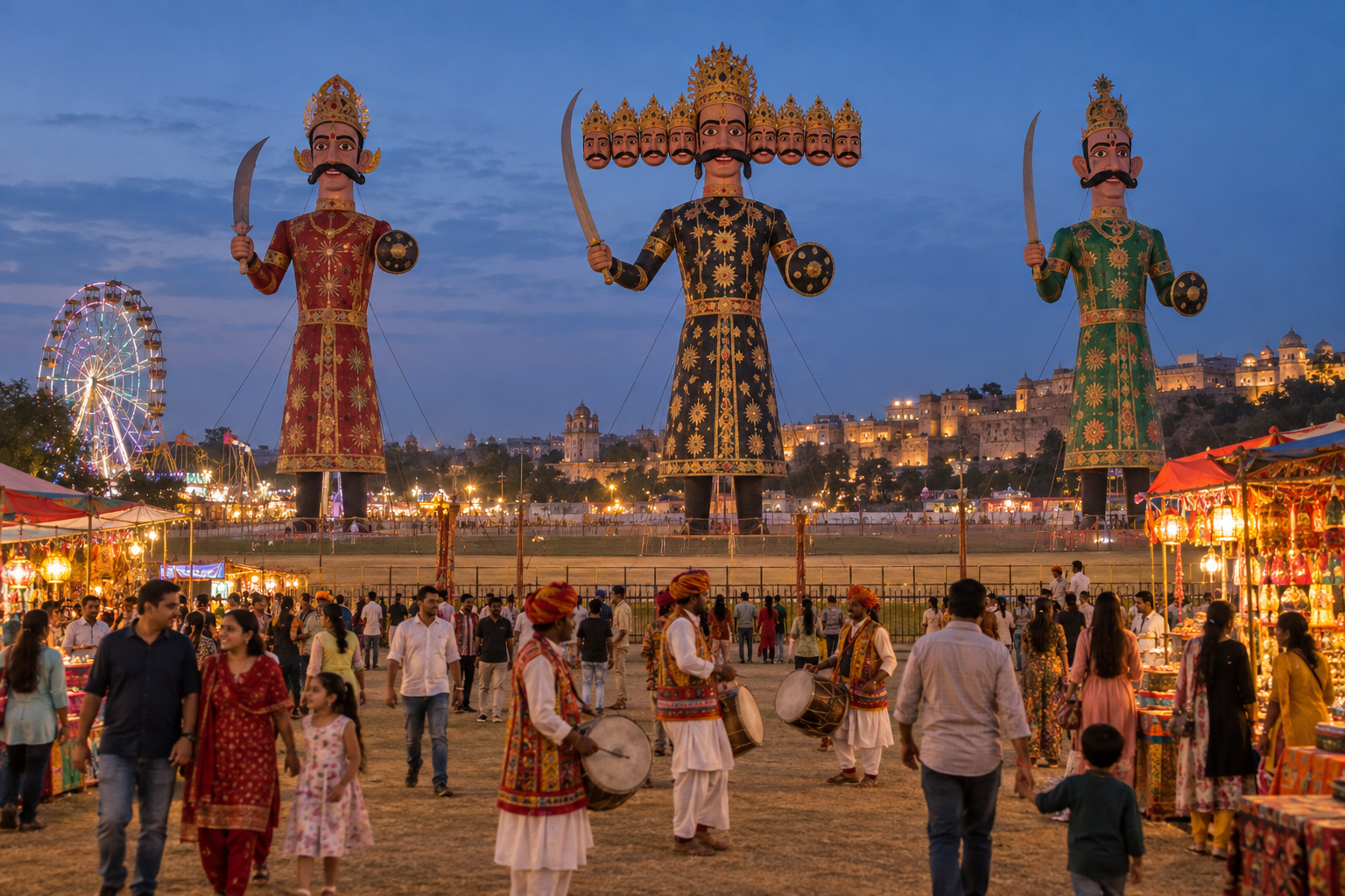 Families and folk performers at Kota's evening Dussehra fair beneath three tall ceremonial effigies and a Ferris wheel.