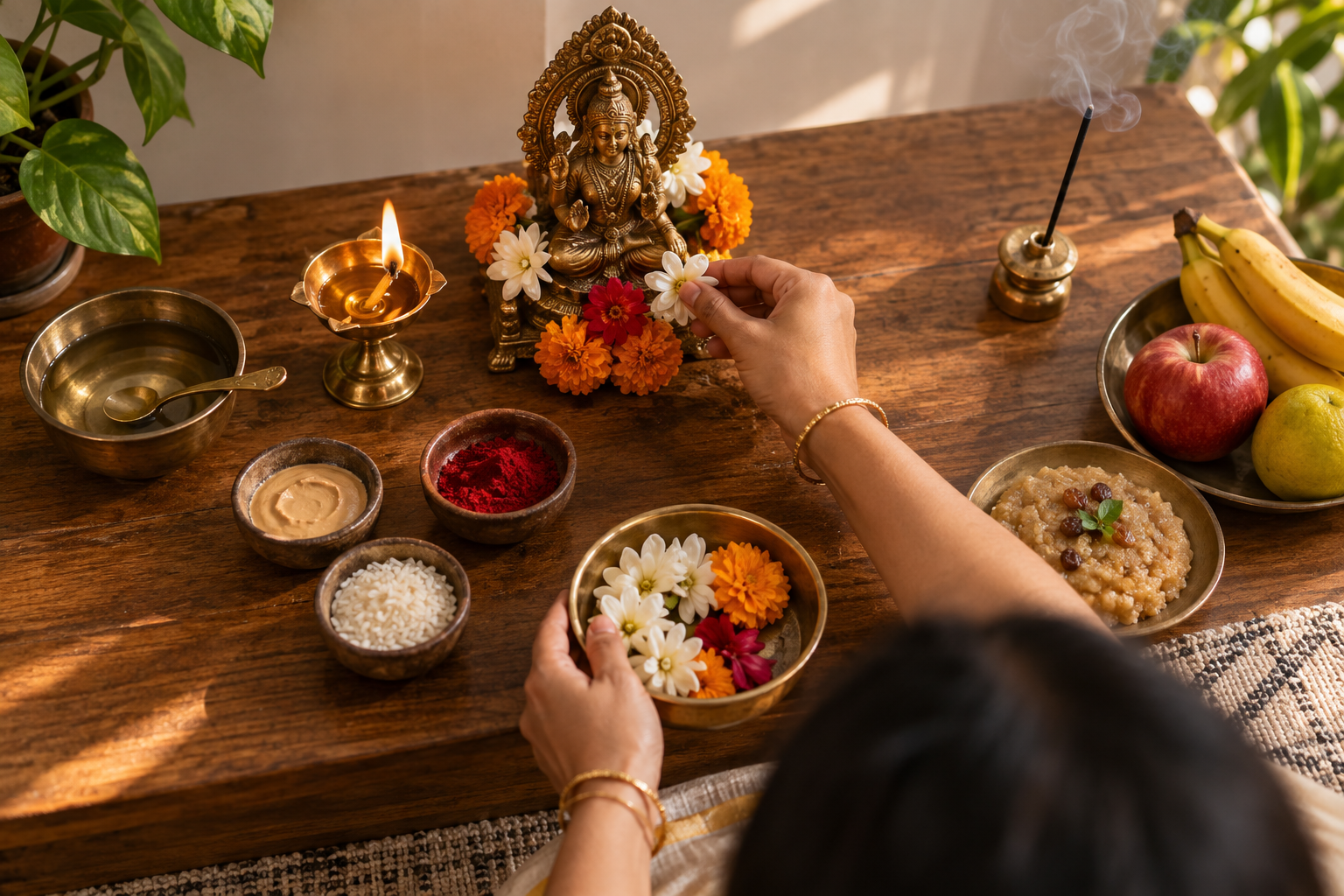 An overhead view of a simple home puja with a Devi murti, lit diya, water vessel, incense, flowers, fruit, and prasad as hands place an offering.