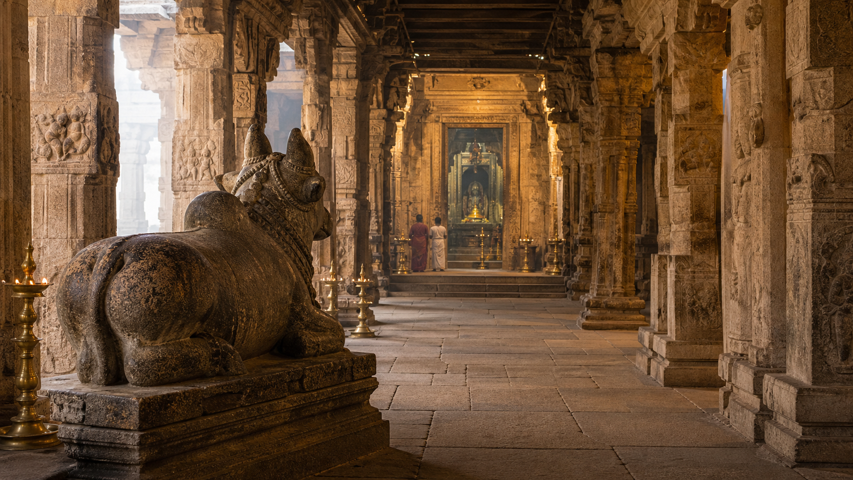 Stone Nandi seated off the central axis before a softly lit Shiva sanctum in a pillared Tamil temple, with a few pilgrims in the background.