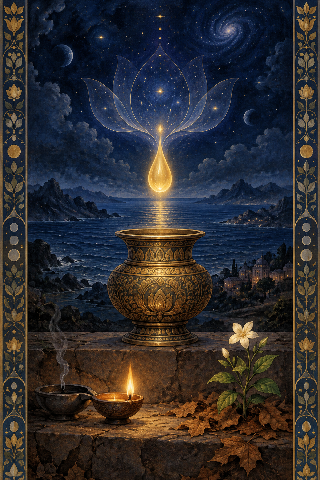 A luminous golden drop rises from a vessel above a cosmic ocean, with oil lamps and a flowering plant symbolizing mortality and renewal below.