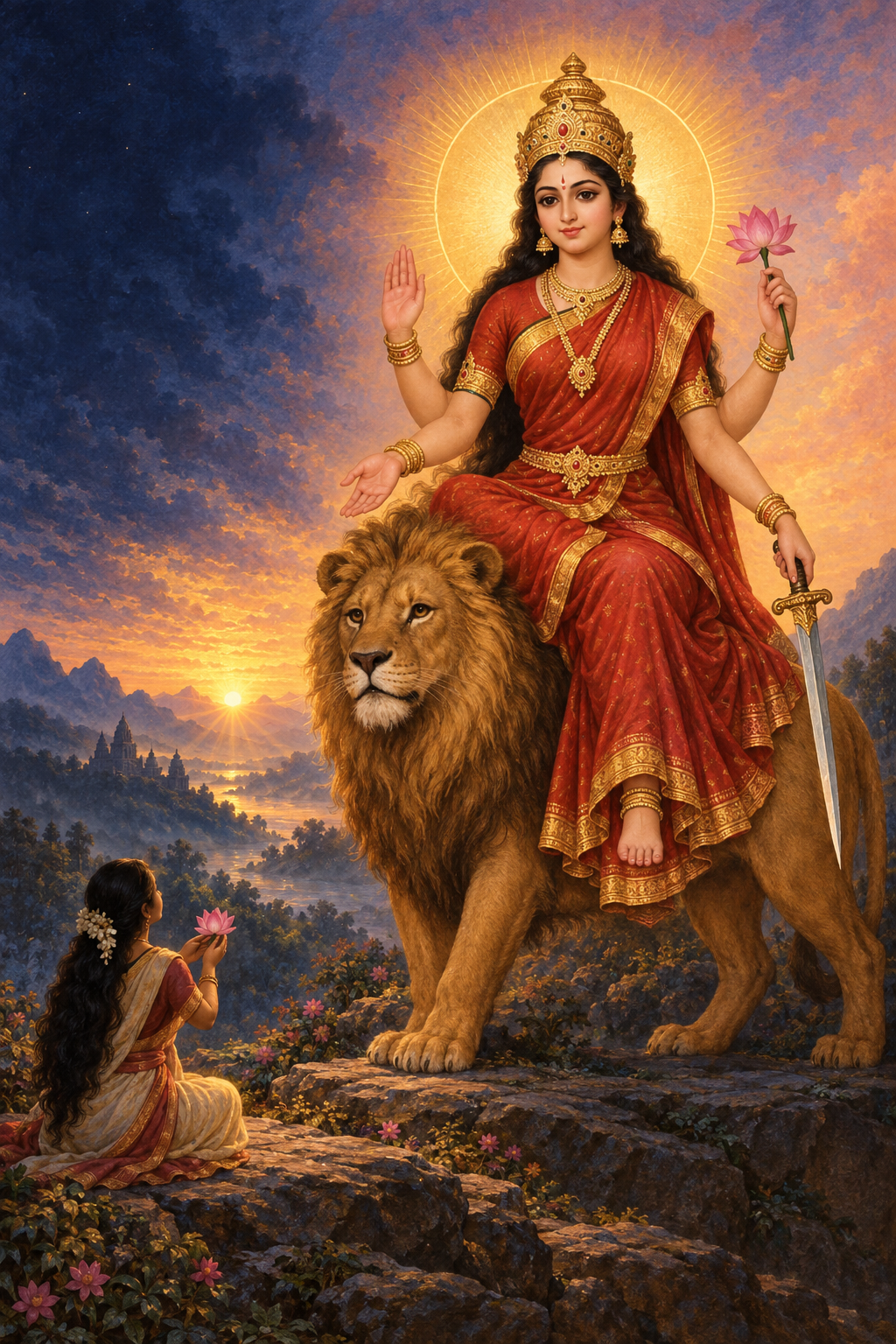A devotional illustration of four-armed Goddess Katyayani seated on a lion, holding a lotus and sword and blessing a devotee offering a flower.