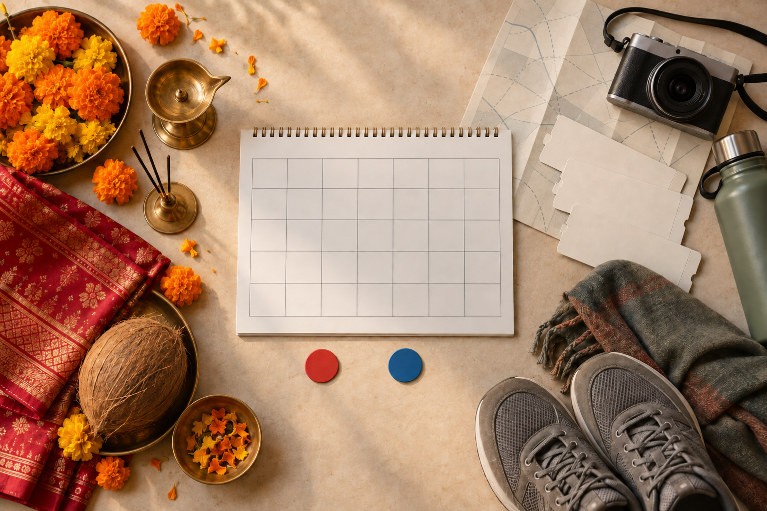 Overhead arrangement of Dussehra worship items and travel essentials beside a blank calendar and an unlabelled map.