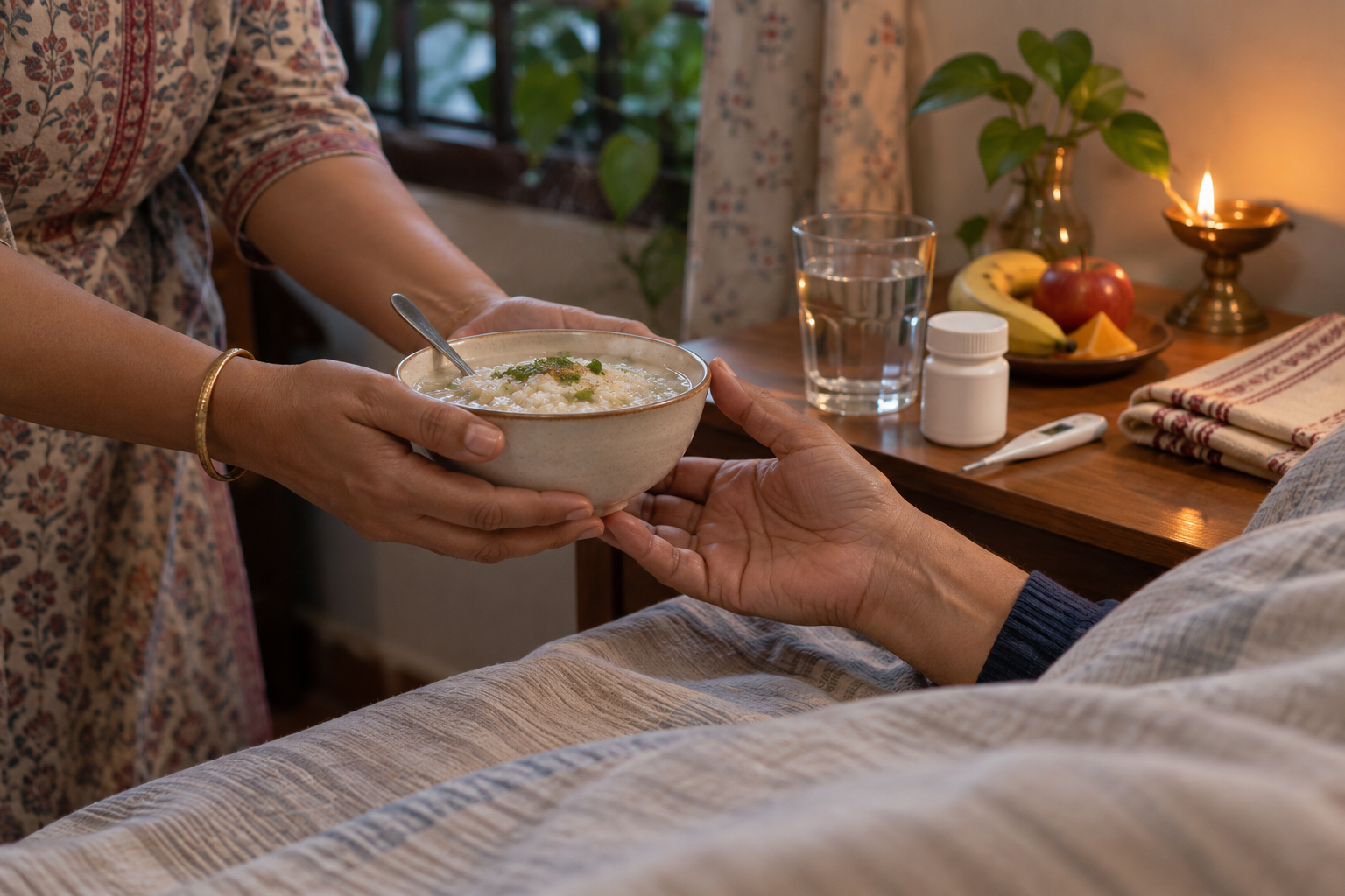A caregiver offers warm rice porridge beside water, fruit, medicine, a thermometer, a prayer cloth, and an oil lamp.