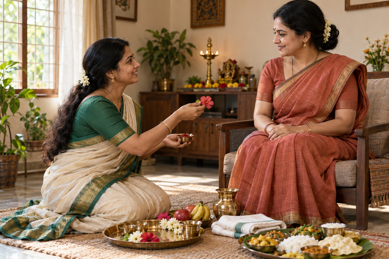 One woman respectfully welcomes a seated woman with a flower and kumkum tray, with fruit, water, cloth, and a meal prepared nearby.