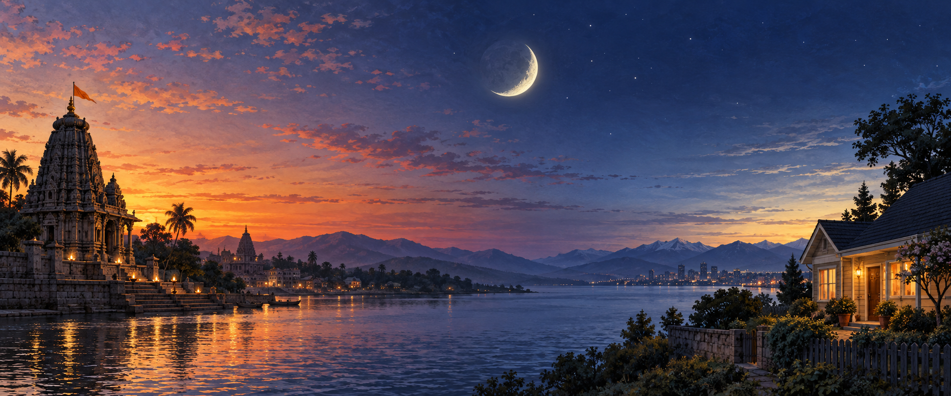 An illustrated twilight panorama links an Indian temple and an overseas home beneath the moon and changing dawn light.