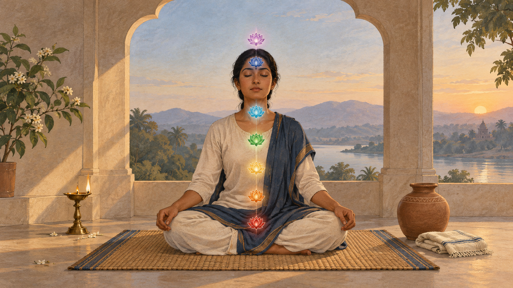 A seated South Asian practitioner with seven softly glowing lotus-like points aligned from the base of the torso to above the head, framed by an arch at dawn.