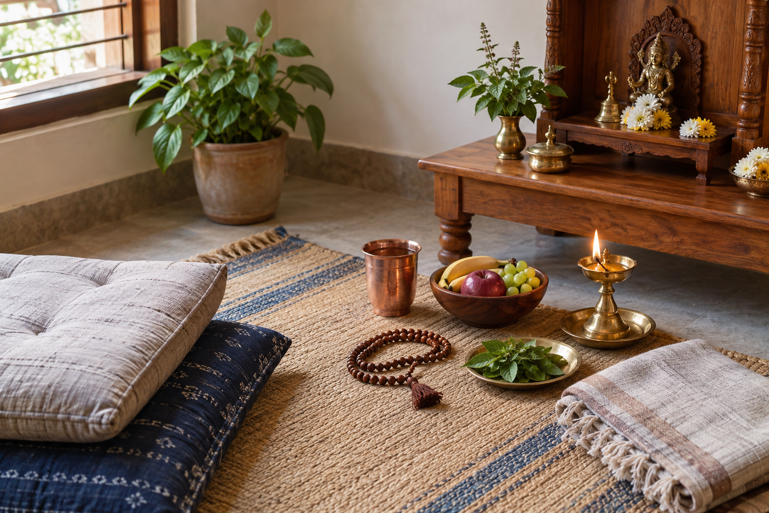 A prayer mat, beads, oil lamp, tulsi leaves, water, fruit, shawl, and cushions are arranged for a home vrata.