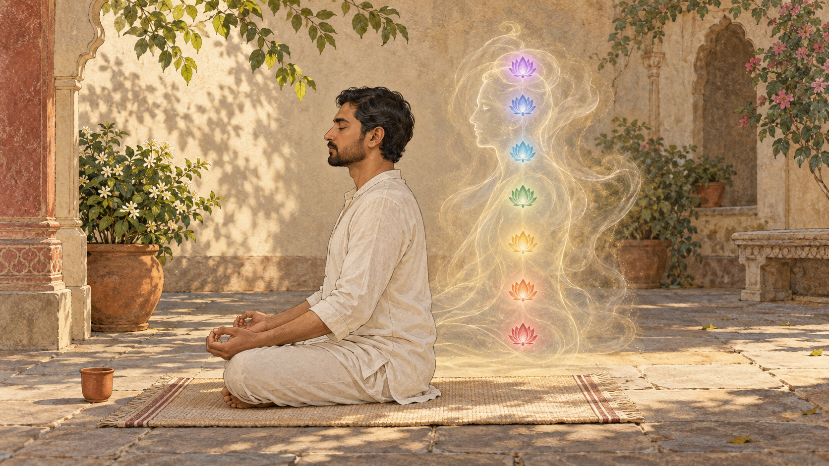 An opaque seated practitioner beside a separate mist-like human silhouette containing seven small lights, suggesting a contemplative map rather than physical anatomy.