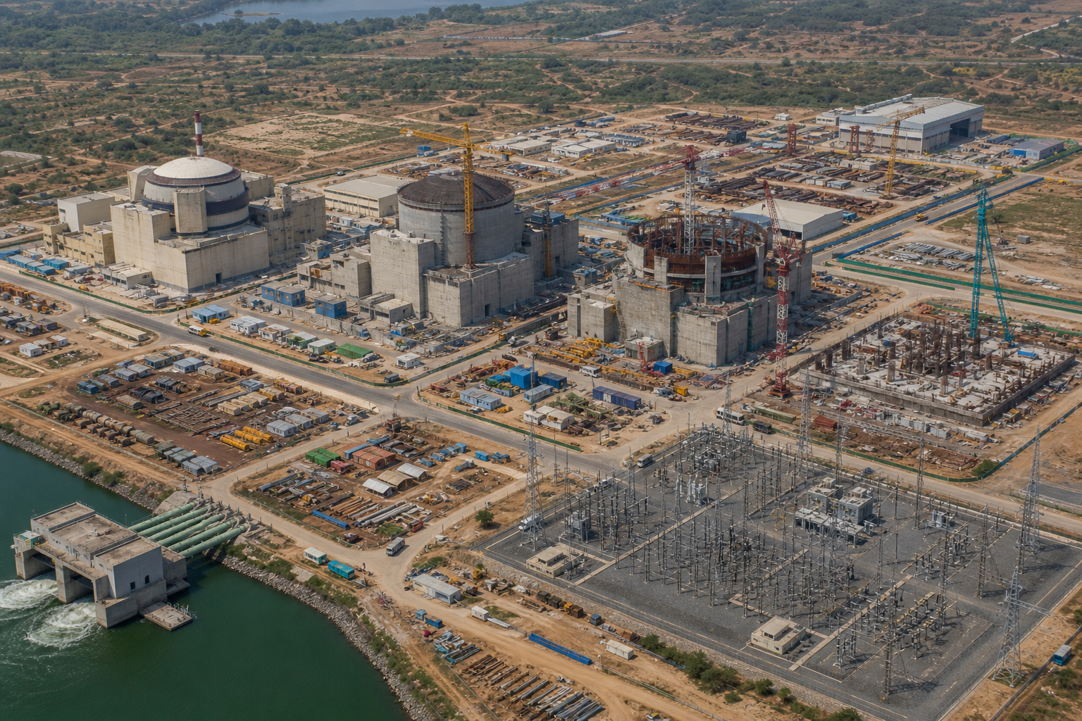 Aerial view of a multi-unit reactor program with matching units at operating, installation, concrete construction and site-preparation stages beside shared infrastructure and a fabrication facility.
