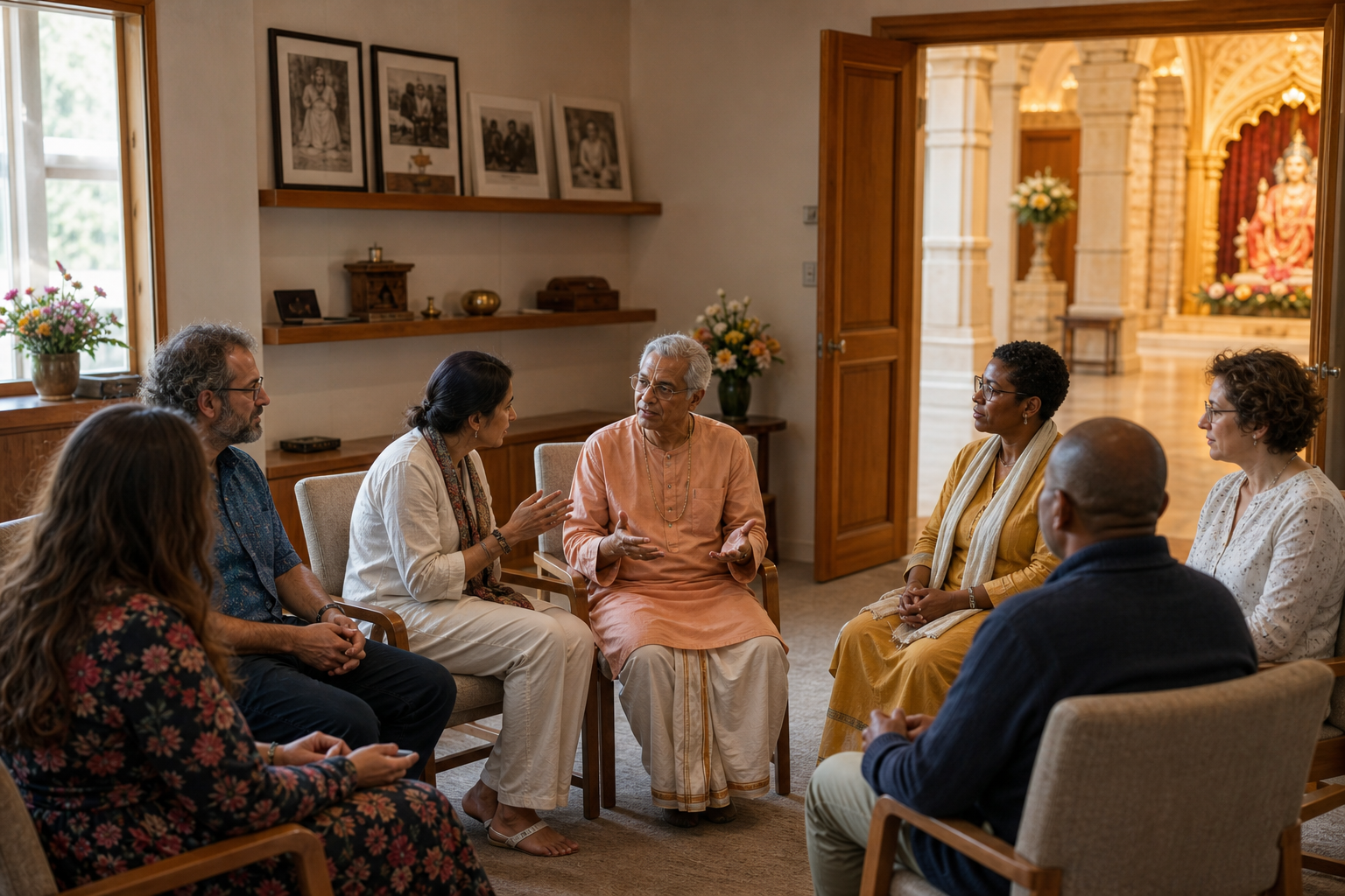 Visitors and temple community members sit in a circle for a serious, attentive conversation beside an archival display.