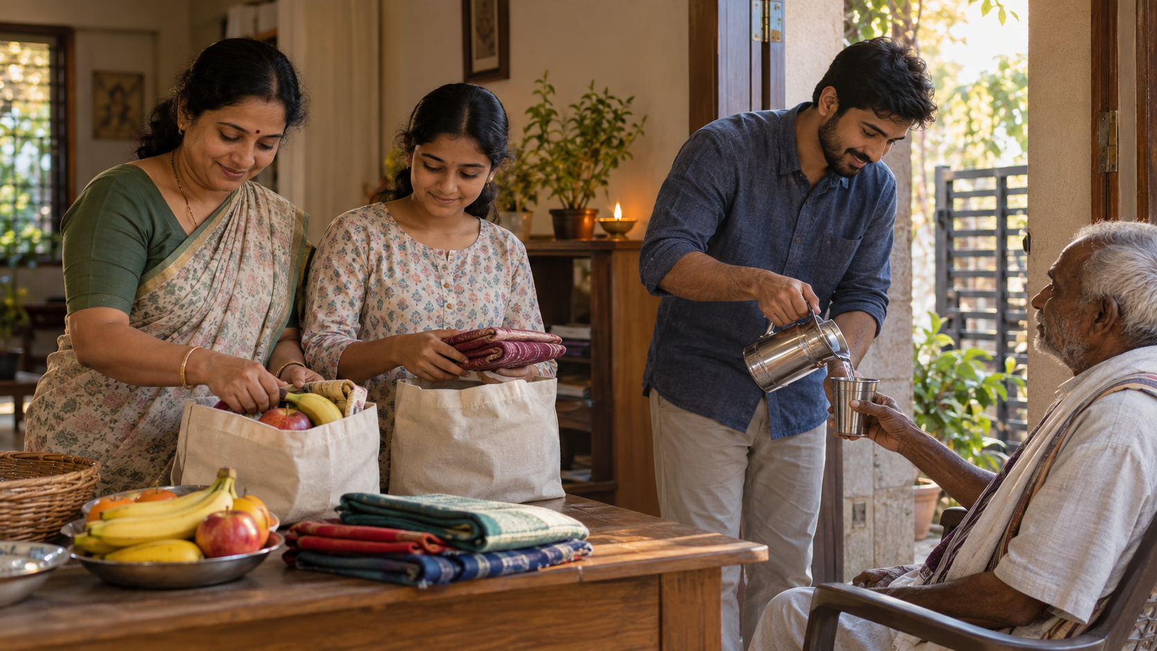 Family members prepare fruit and folded cloth for giving while offering water to an elderly visitor.