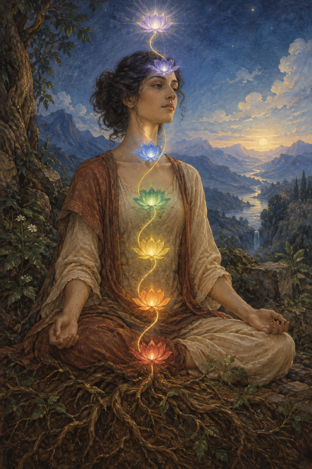 A seated figure with a golden thread passing upward through seven lotus-shaped lights as the background changes from earth below to open sky above.