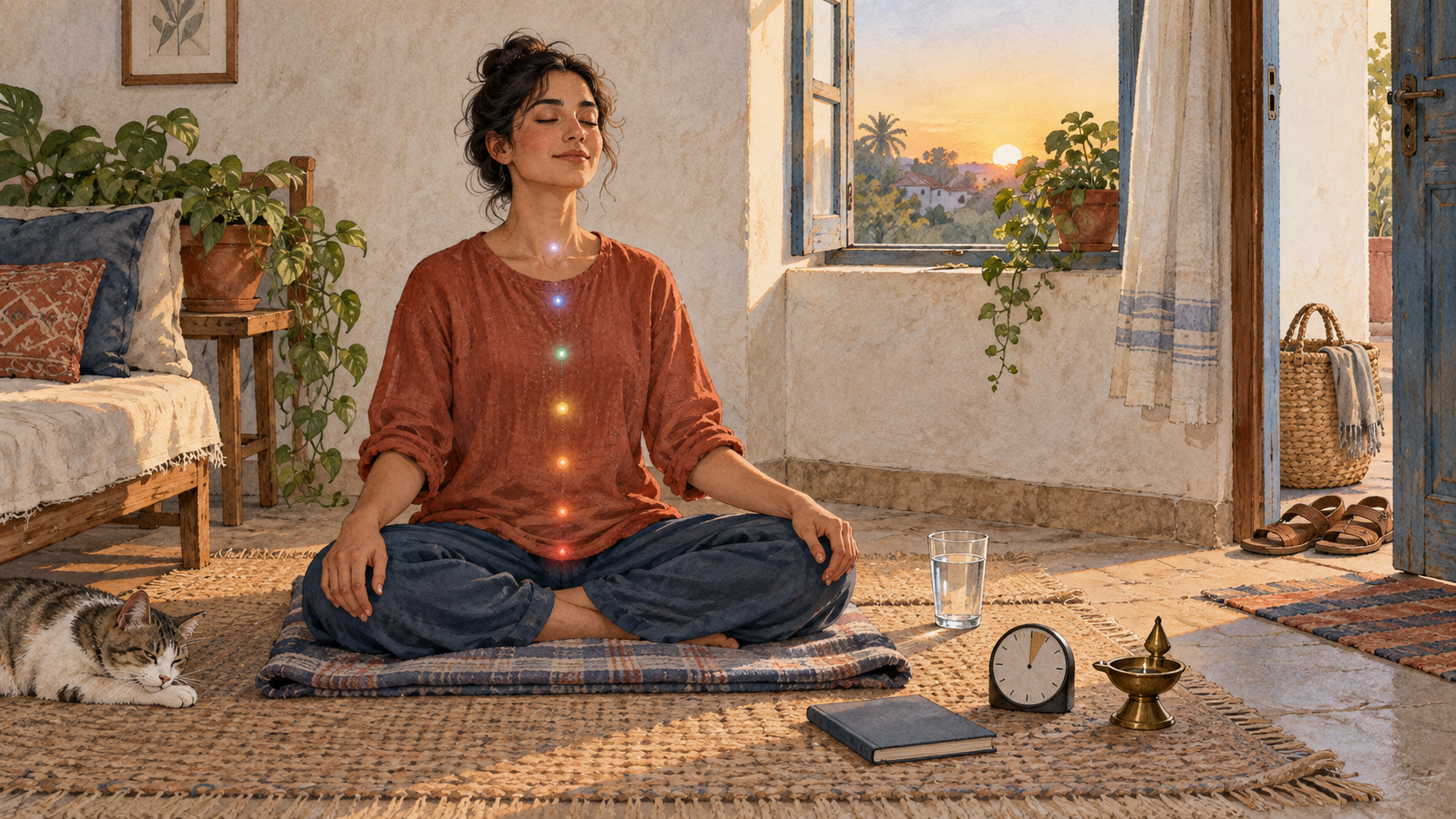 A person practices seated meditation in a simple sunlit room with a timer, closed notebook, water cup, lamp, and sandals nearby.