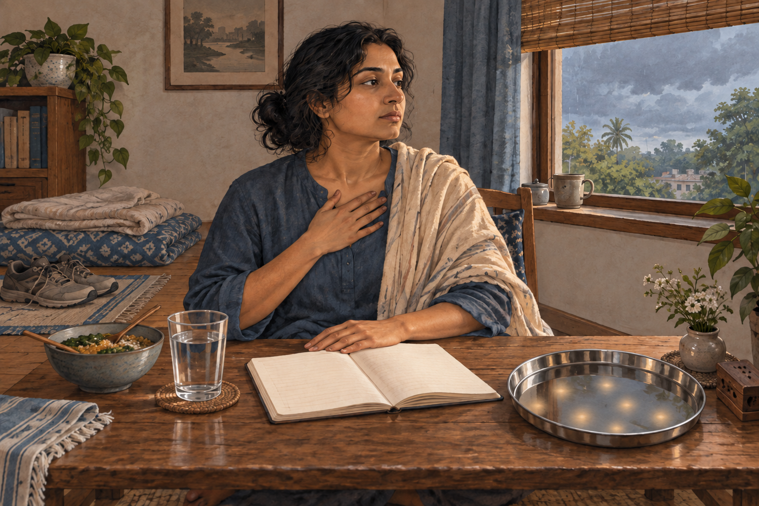 A thoughtful person sits beside a blank notebook and everyday objects while seven faint lights appear as reflections in a metal tray.