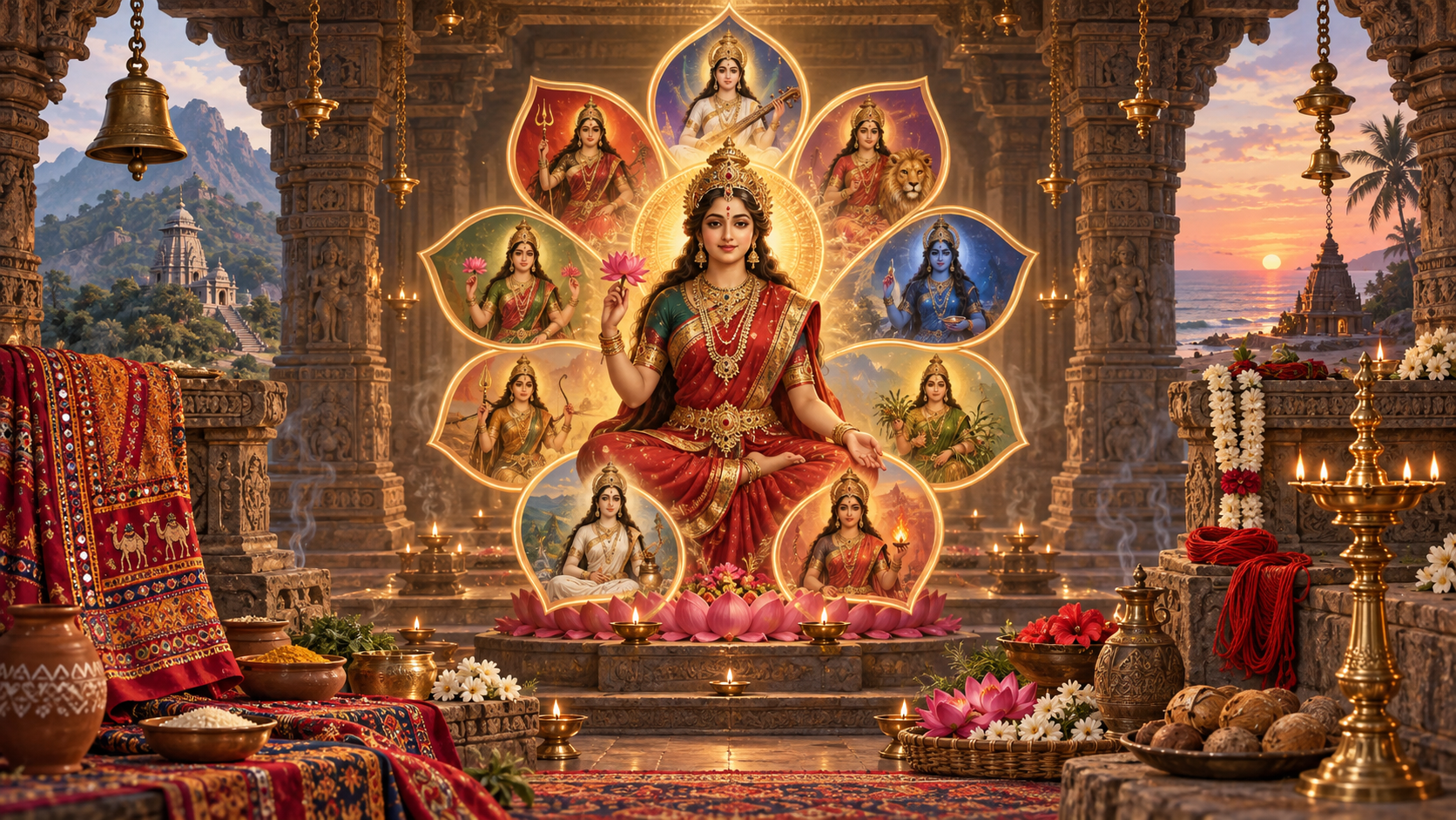 A luminous feminine divine presence sits in a temple hall surrounded by nine lotus-shaped niches, lamps, bells, flowers, sacred threads, and regional shrine textiles.