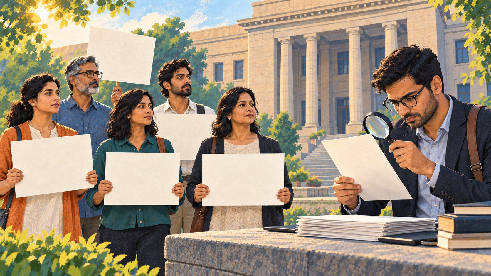 Citizens with blank placards stand outside a government building while a researcher examines an unmarked certification document with a magnifying glass.