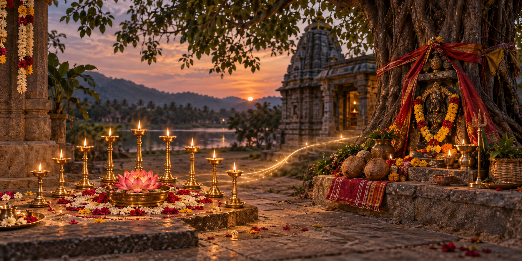 Nine brass lamps arranged around a lotus appear beside a village Devi shrine with a sacred tree, woven cloth, flowers, coconuts, and clay lamps.