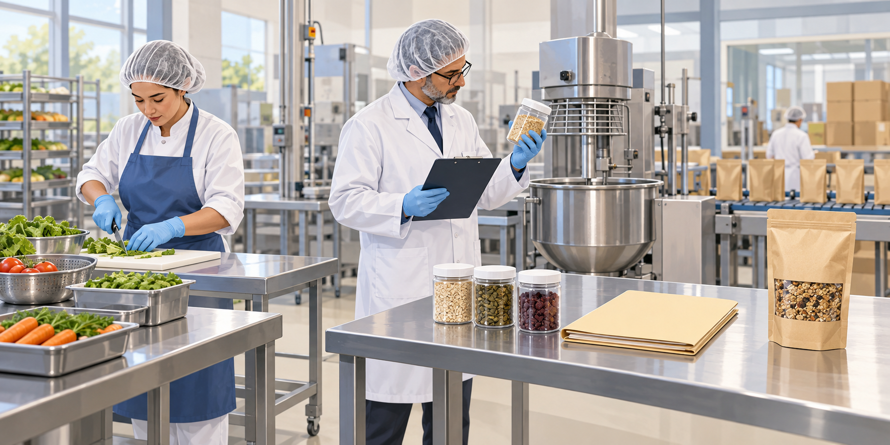 A food producer and an inspector examine ingredients, equipment and documents during a generic certification process.