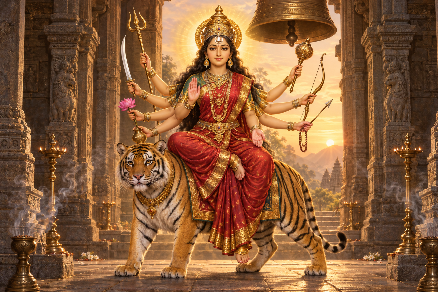 Chandraghanta is shown with a bell-shaped crescent on her forehead, ten arms, red and gold garments, blessing gestures, and a tiger before a stone temple.