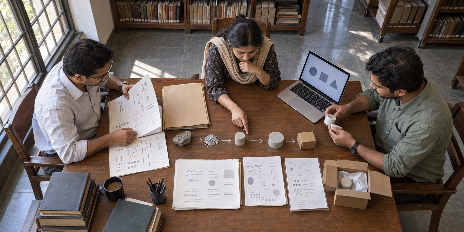 Researchers compare product samples, records and a laptop while examining evidence about a supply chain.