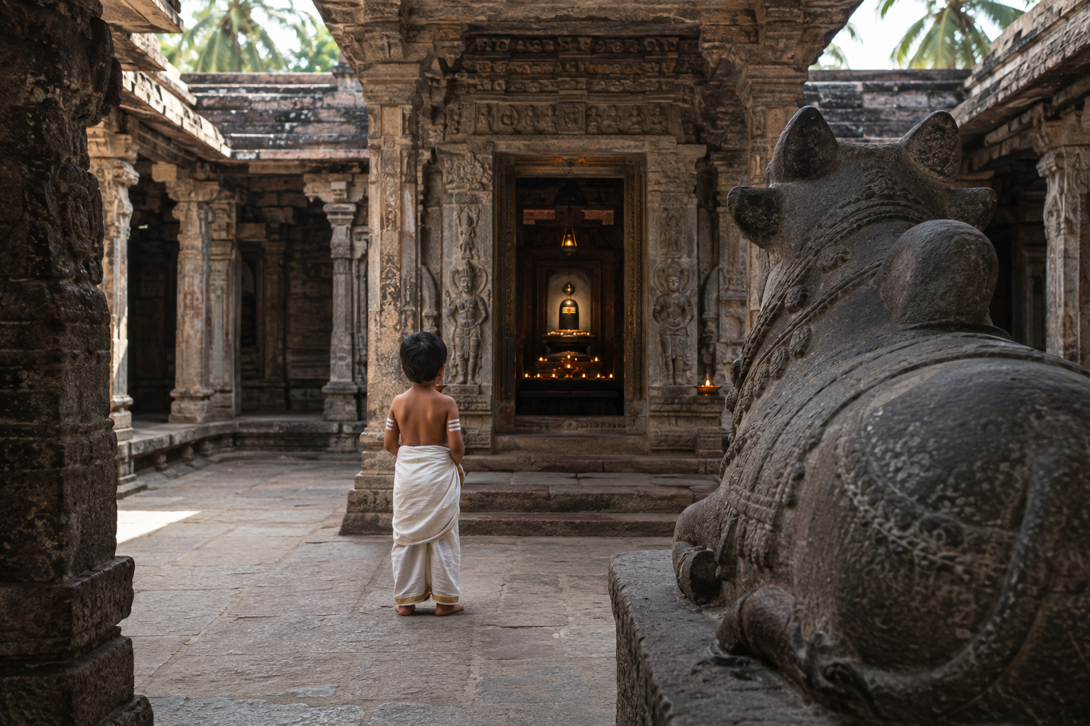 A child saint stands in a temple passage with the stone Nandi positioned to one side and the illuminated sanctum visible beyond him.