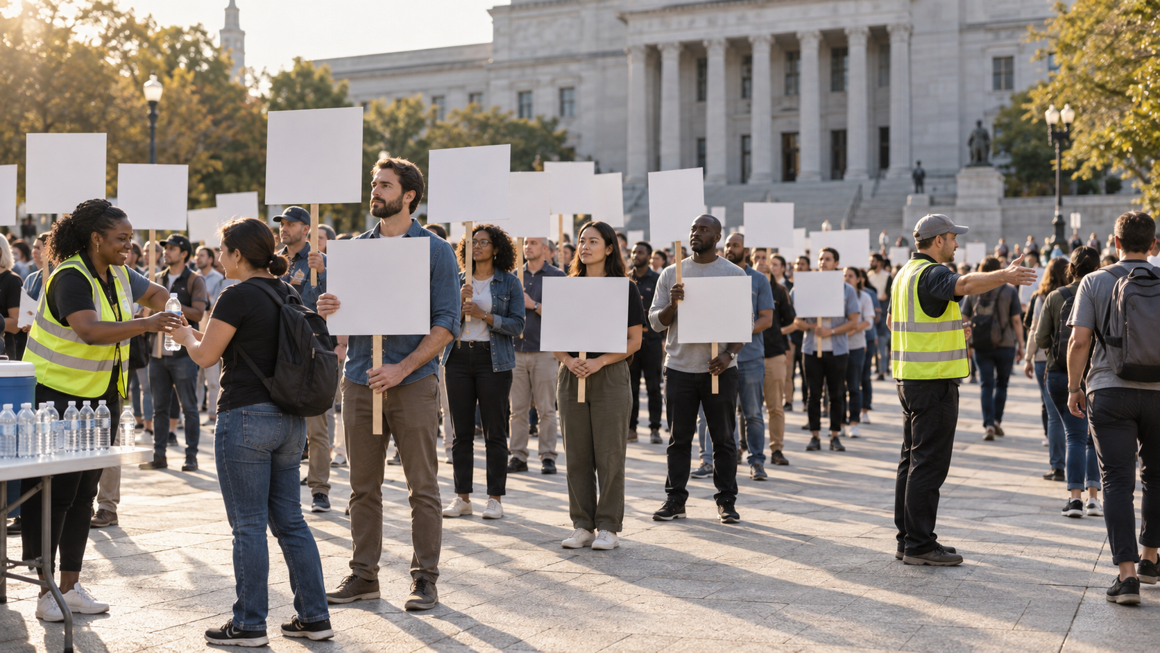 An orderly group of peaceful demonstrators with blank placards gathers in a public square as volunteers guide participants and distribute water.
