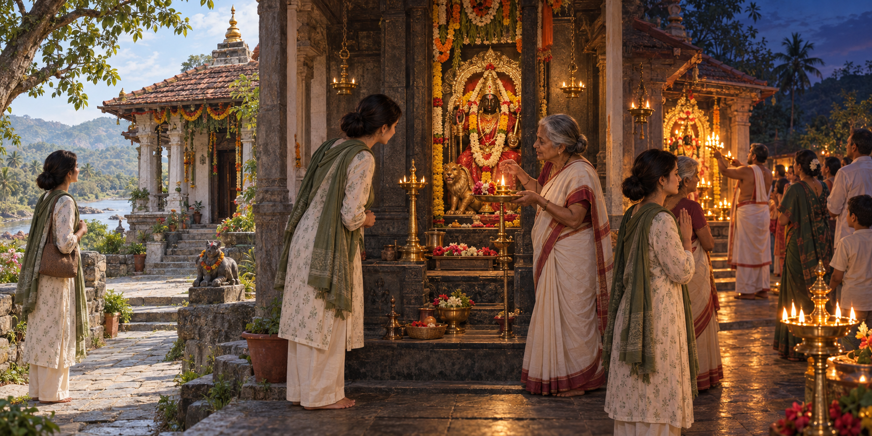 Four connected scenes show a visitor observing a Devi temple, examining shrine details, learning an offering from an elder, and respectfully attending community worship.