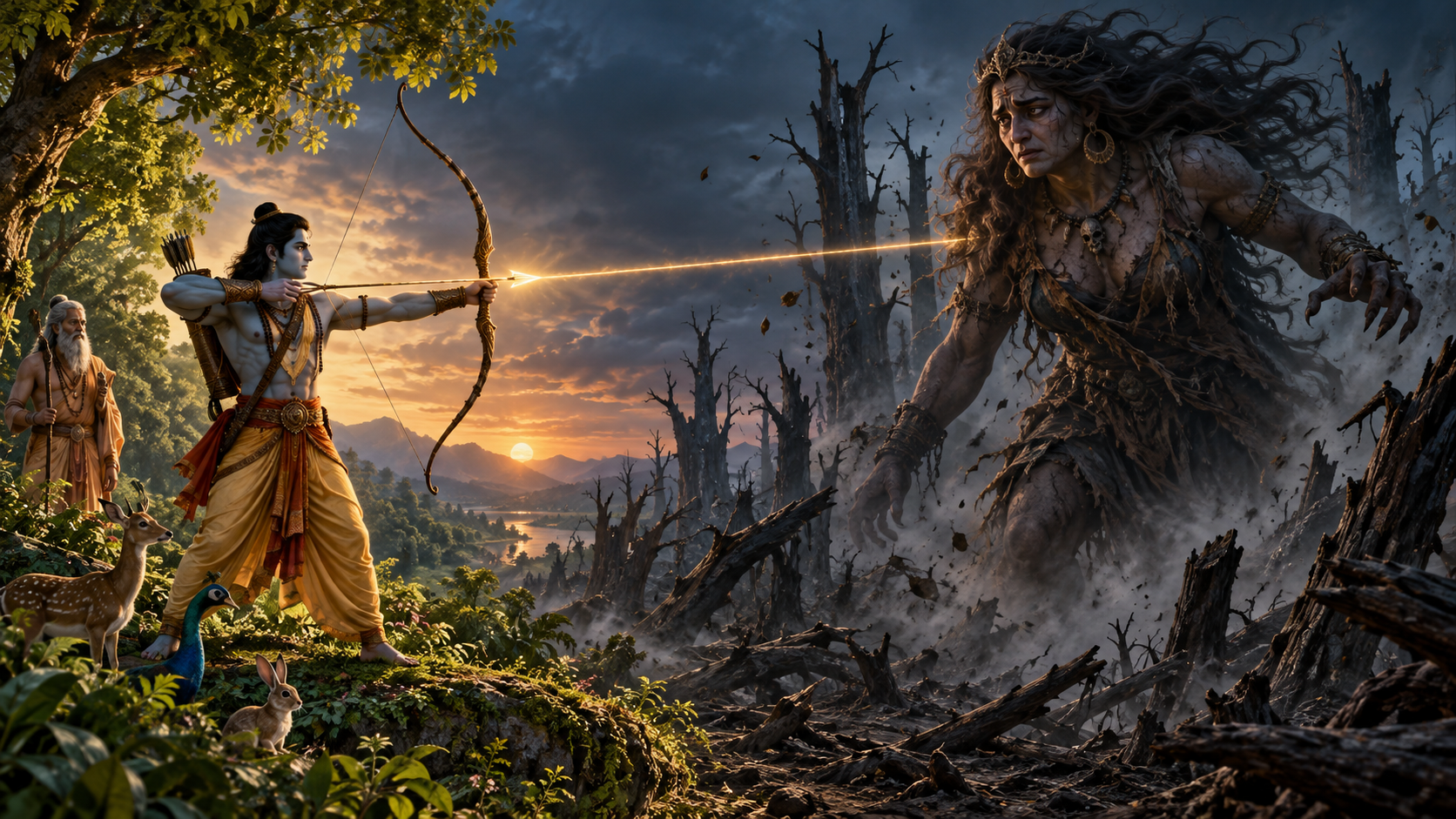 Rama draws his bow toward Tataka in a damaged twilight forest as a golden-lit arrow divides the protected woodland from the darkened wilderness.